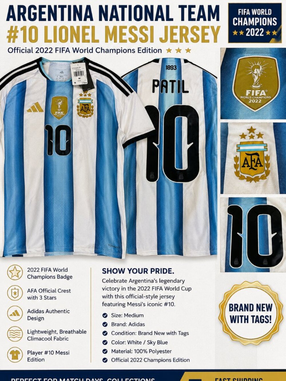 Argentina #10 Messi Jersey Adidas 2022 FIFA World Cup Champions Home Soccer Shir